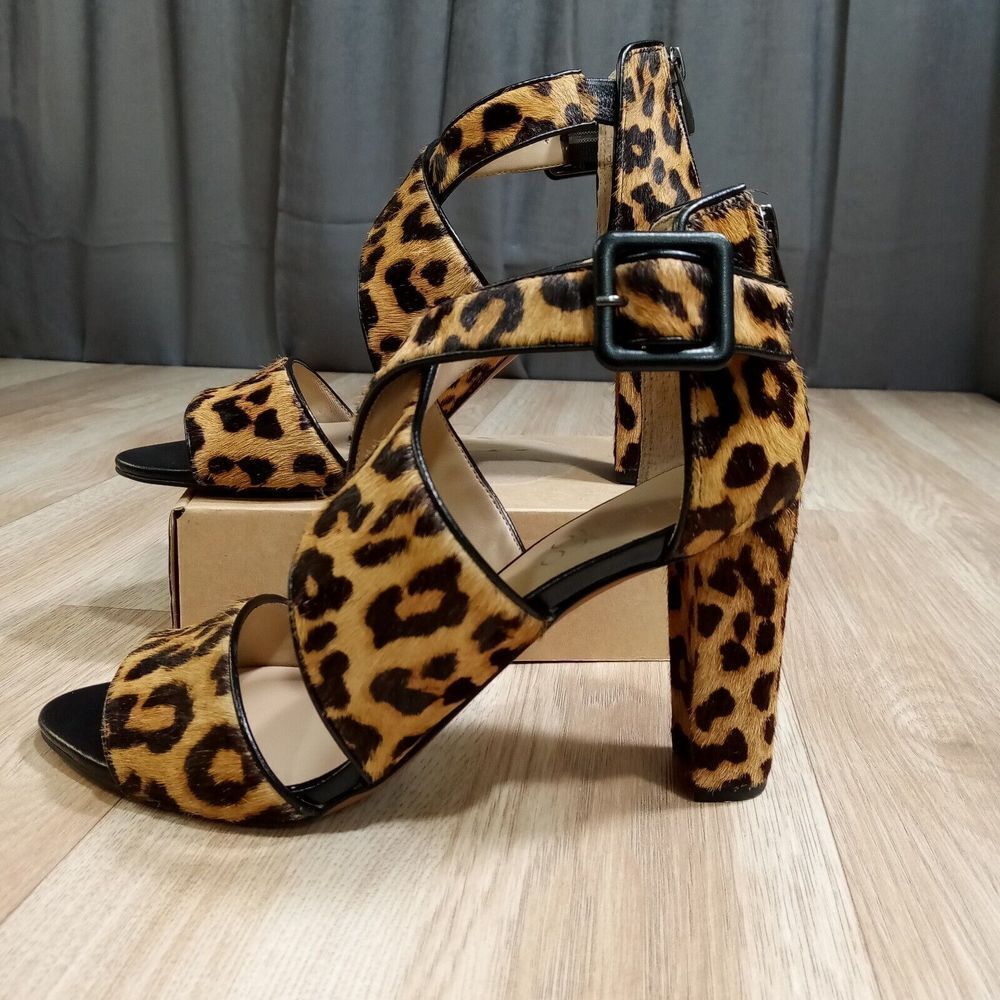 Franco Sarto Leopard Print Block Heel Sandals - Black Buckle